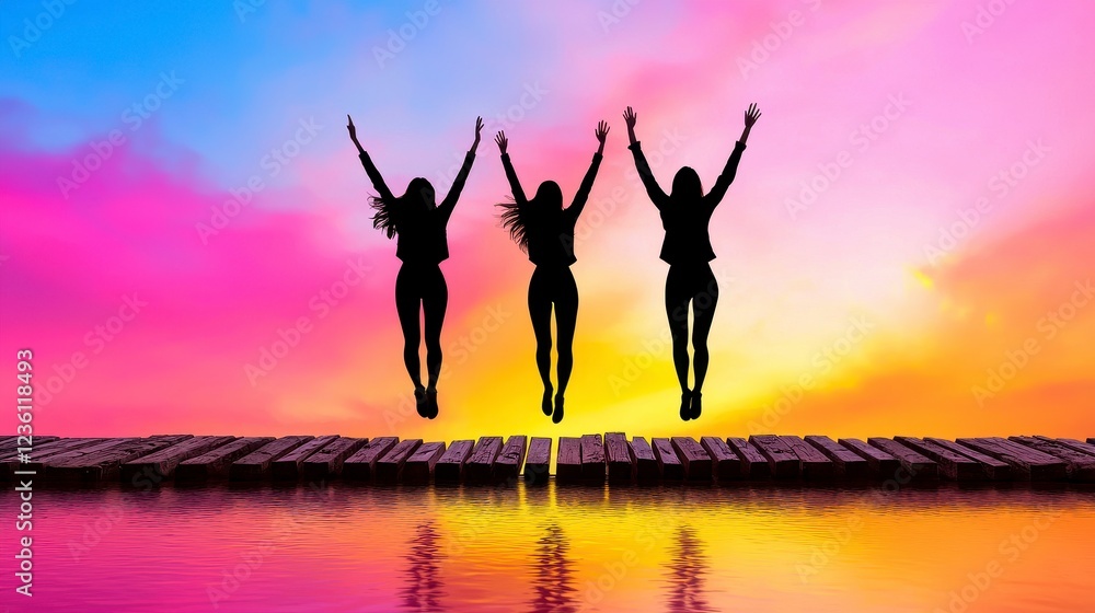 Three Silhouettes Joyfully Jumping at Sunset Over Calm Water Three Silhouettes Joyfully Jumping at Sunset Over Calm Water