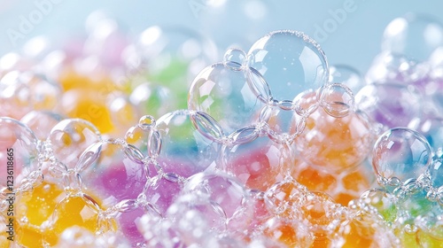 Colorful soap bubbles close-up, pastel background, cleaning concept