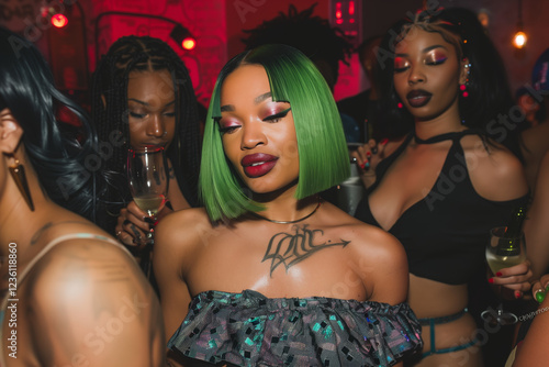 African American woman with green bob hair, wearing a black off-the-shoulder top and holding a wine glass at a nightclub party.