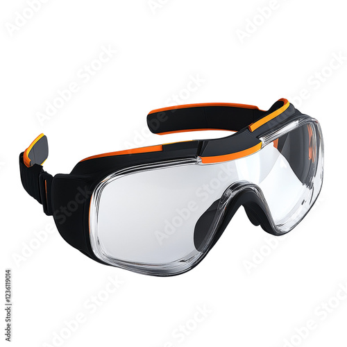 A pair of modern safety goggles with a black and orange frame and clear lenses are shown. photo