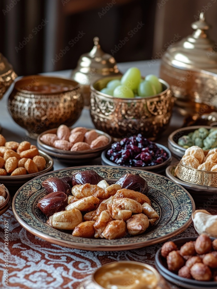 An array of Middle Eastern desserts, snacks, and dried fruits in ceramic bowls with gold accents, reflecting the rich culinary heritage. An array of Middle Eastern desserts, snacks, and dried fruits in ceramic bowls with gold accents, reflecting the rich culinary heritage.