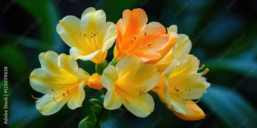 Fototapeta premium Vibrant blooming yellow flowers against green foliage, symbolizing spring and nature's beauty.