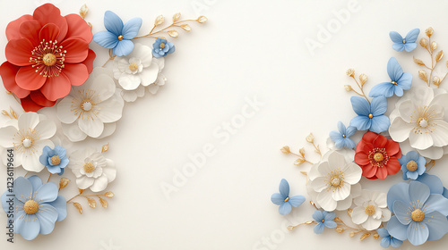 3D gold, blue, red and white flowers, white background with blue butterflies.