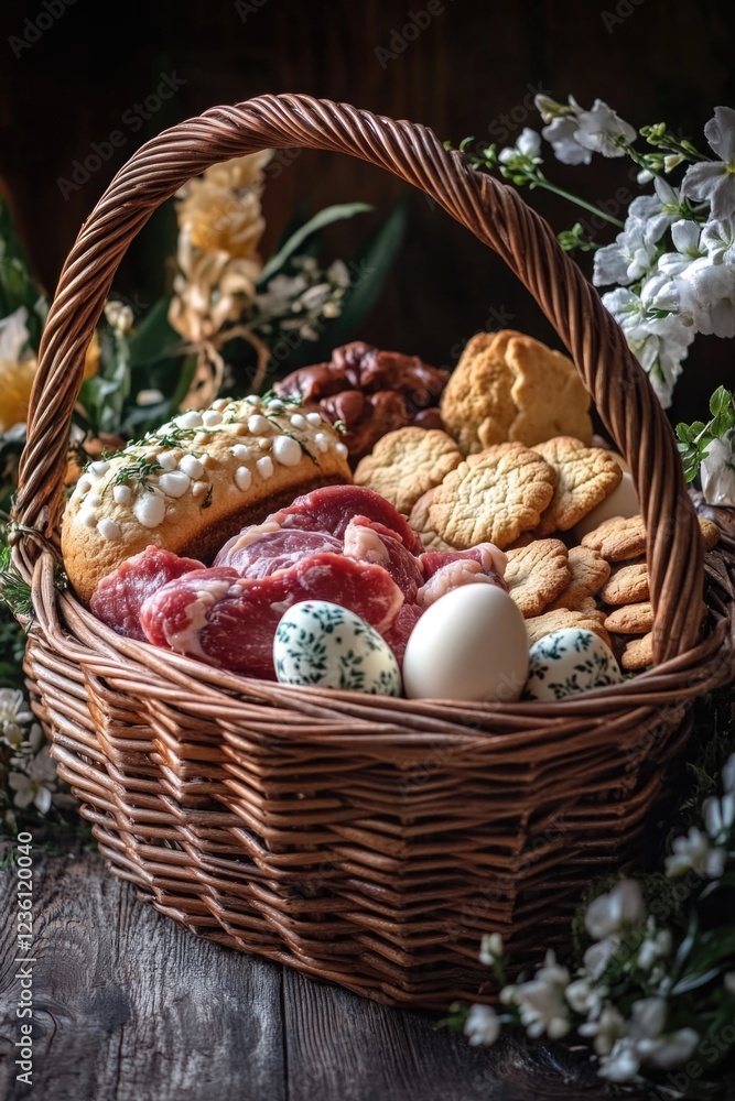 Basket of assorted food and easter eggs, featuring a variety of baked goods, sweets, and a fresh bouquet of flowers. Basket of assorted food and easter eggs, featuring a variety of baked goods, sweets, and a fresh bouquet of flowers.