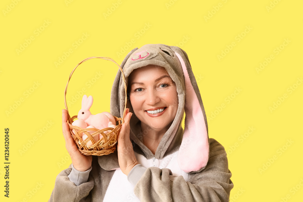 Funny senior woman in bunny costume holding basket with Easter eggs on yellow background Funny senior woman in bunny costume holding basket with Easter eggs on yellow background