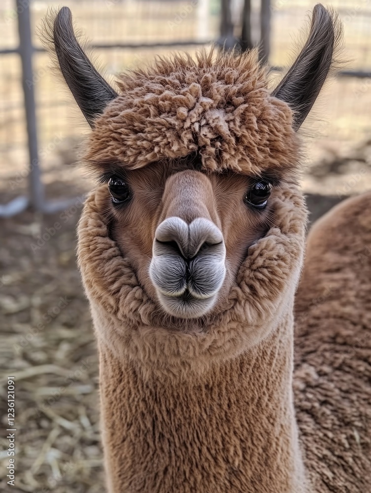 Obraz premium This alpaca has a distinctive appearance with its long, curly hair and upright ears. Often found in the Andean regions of South America, they are raised for their fleece, meat, or milk.