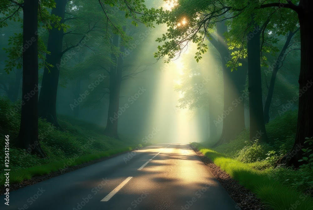 Fototapeta premium Sunlit Path Through a Misty Forest, Tranquil Road Winding Through Lush Green Canopy with Rays of Light Piercing the Fog