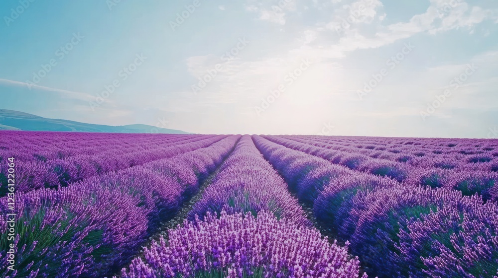 A serene lavender field under a bright sky, showcasing rows of vibrant purple flowers. A serene lavender field under a bright sky, showcasing rows of vibrant purple flowers.