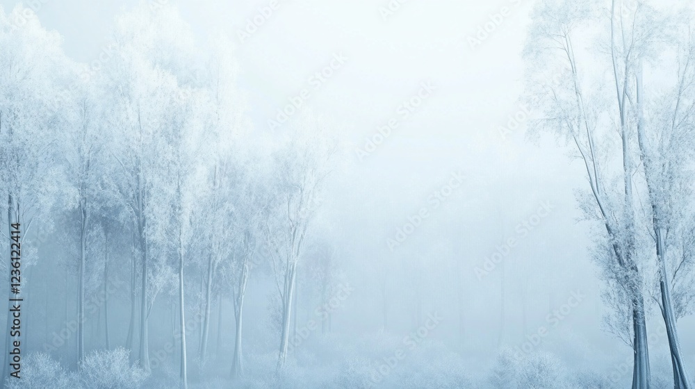 Winter forest landscape with snow-covered trees in light blue tones, a serene and frosty scene Winter forest landscape with snow-covered trees in light blue tones, a serene and frosty scene