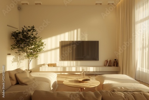 Modern living room with big TV and sofa in light beige tones. Neural network ai generated