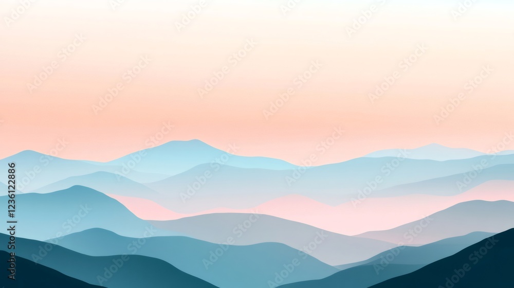 Obraz premium Pink and blue mountain landscape during sunset with fog