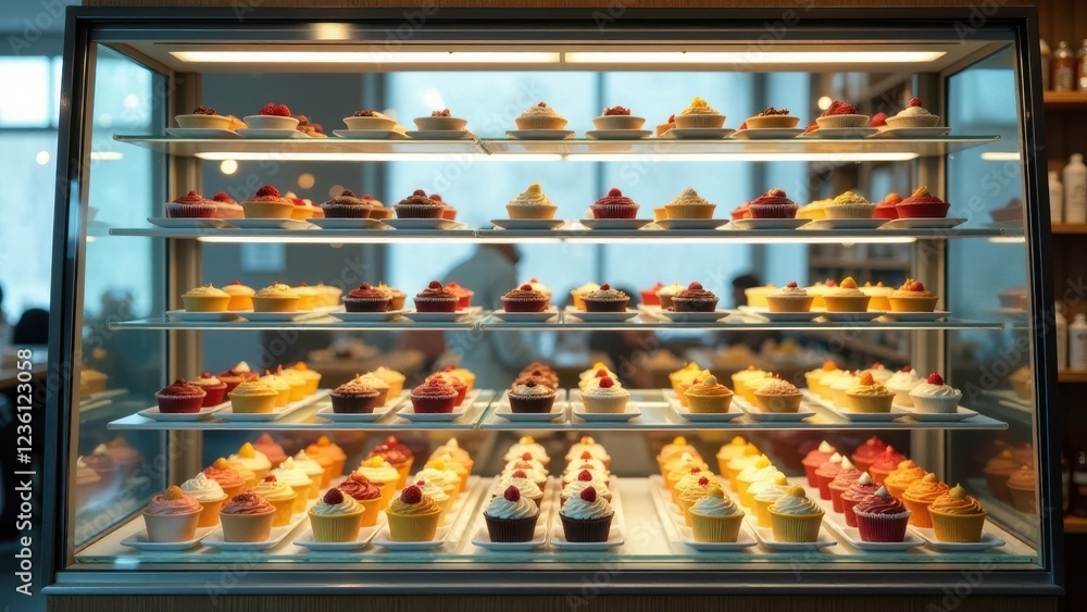 A delightful display of assorted miniature cakes, meticulously arranged in tiers within a glass case, showcasing a variety of colors and frosting styles