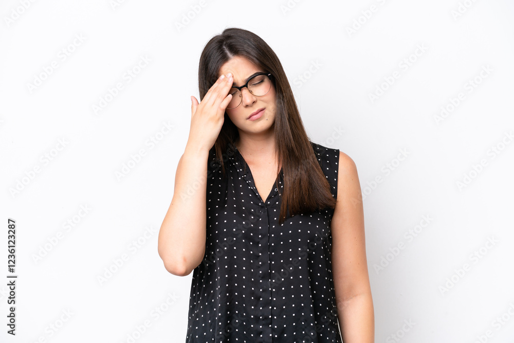 Young Brazilian woman isolated on white background with headache Young Brazilian woman isolated on white background with headache