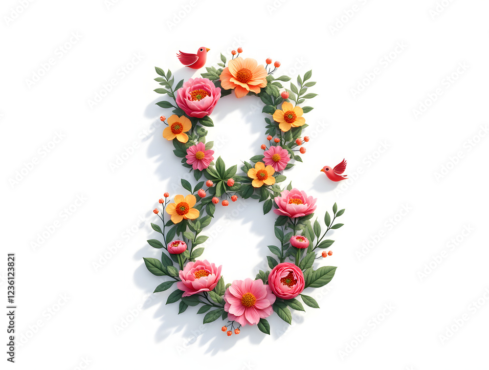 Elegant March 8th Floral Design with Glossy Number Eight Made of Realistic Flowers, Leaves, Abstract Florals, and Birds on a White Background Elegant March 8th Floral Design with Glossy Number Eight Made of Realistic Flowers, Leaves, Abstract Florals, and Birds on a White Background