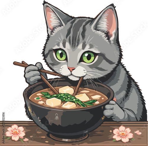 Gray tabby cat with green eyes eating sipping miso soup. Generative AI.