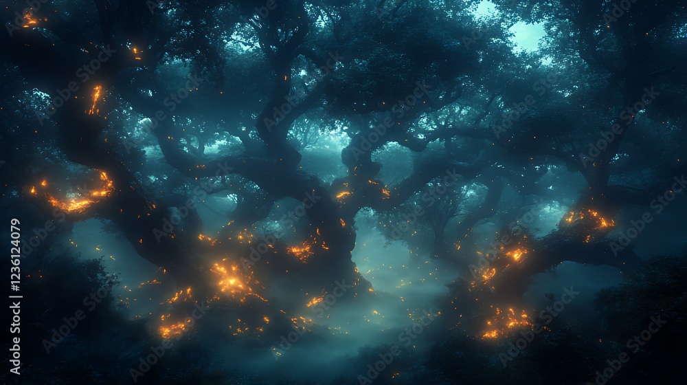 Obraz premium Glowing Forest Night Mystical Trees Fantasy Background