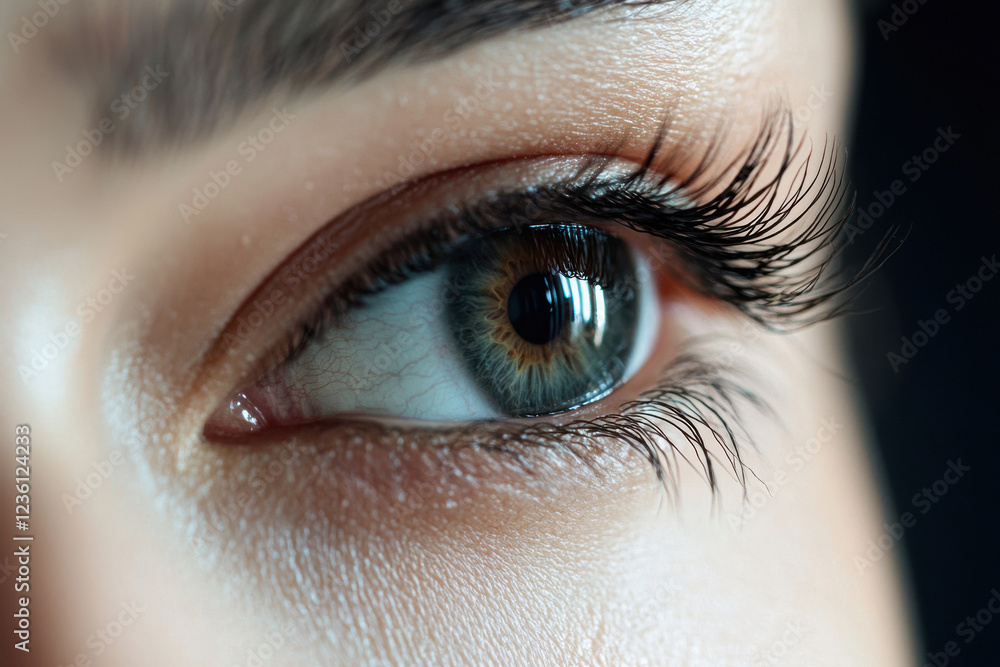Obraz premium Close-up of female eye capturing lush eyelashes and detailed iris in natural light