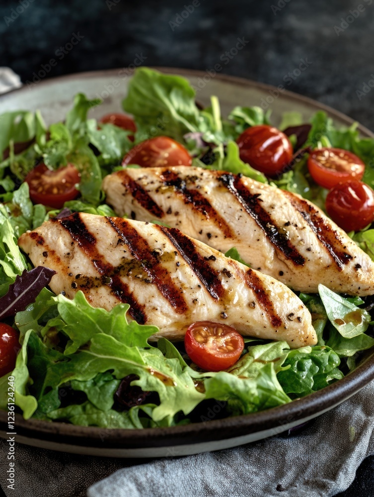A close-up view of grilled chicken on a bed of fresh salad, showcasing the delicious and healthy meal. A close-up view of grilled chicken on a bed of fresh salad, showcasing the delicious and healthy meal.