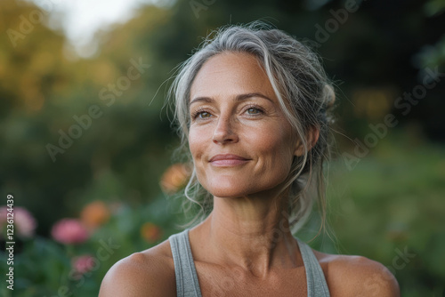 Mature caucasian female smiling outdoors in nature with soft background