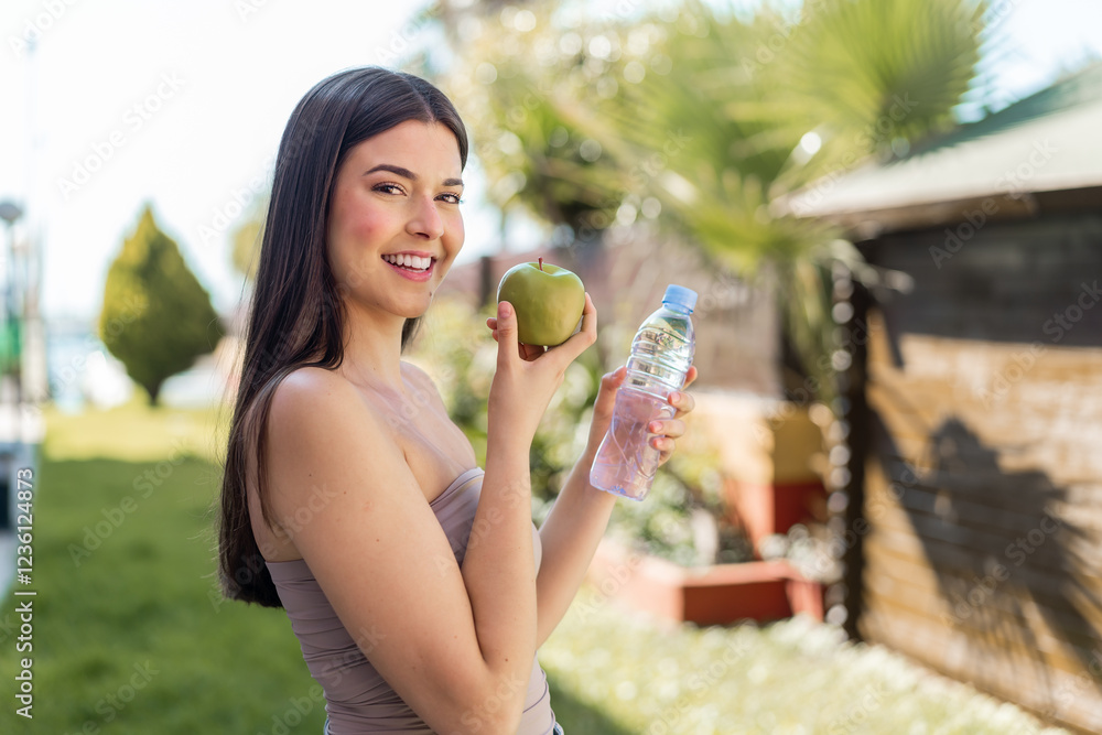 Φωτογραφία Young pretty Brazilian woman at outdoors with an apple and with a bottle of wate