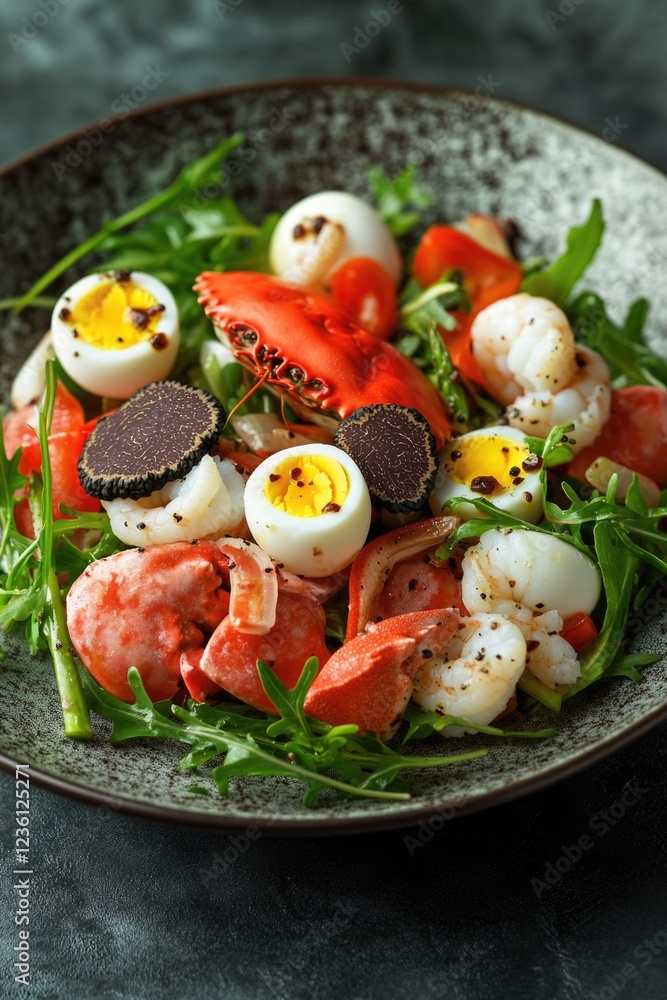 A colorful dish featuring shrimp, eggs, arugula, tomatoes, chili peppers, and dark chocolate shavings A colorful dish featuring shrimp, eggs, arugula, tomatoes, chili peppers, and dark chocolate shavings