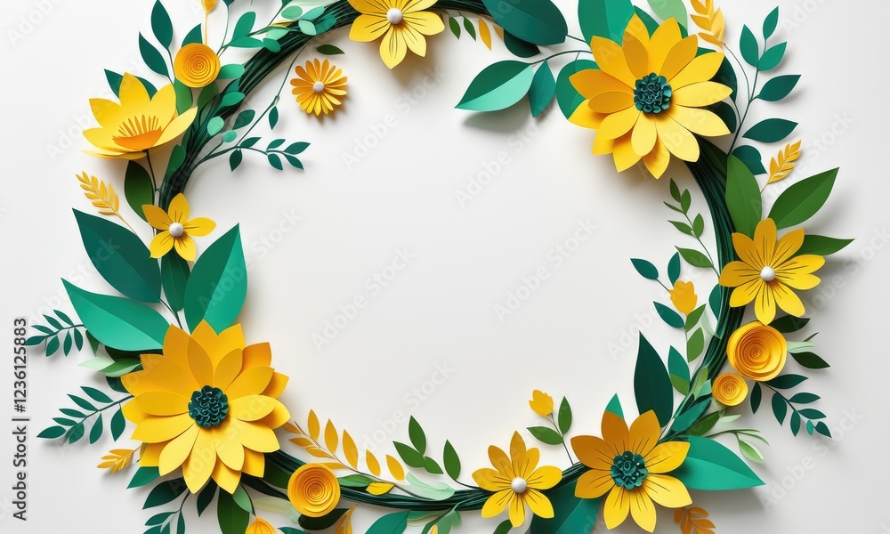 Obraz premium Vibrant floral wreath with yellow sunflowers and green leaves in paper art style