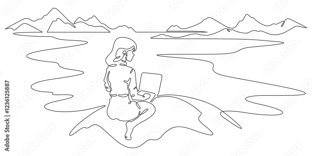 Continuous one line drawing woman with laptop sits in nature. Mountain landscape. Woman working on vacation. Tourism.Travel. One continuous line isolated minimal illustration.Not AI. Continuous one line drawing woman with laptop sits in nature. Mountain landscape. Woman working on vacation. Tourism.Travel. One continuous line isolated minimal illustration.Not AI.