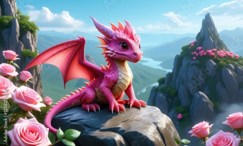 Charming pink dragon in a rosefilled fantasy mountain landscape photo