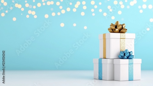 White Gift Boxes with Gold and Light Blue Ribbons on Light Blue Background with Bokeh Lights