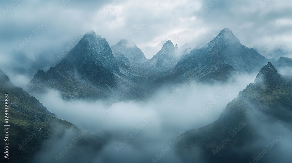 Misty mountain range, valley shrouded in clouds, dramatic landscape, nature photography, ideal for travel brochures Misty mountain range, valley shrouded in clouds, dramatic landscape, nature photography, ideal for travel brochures