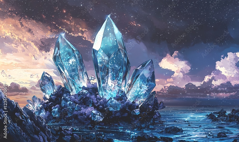 Fototapeta premium Blue crystal cluster rising from ocean waves under dramatic sky in anime illustration