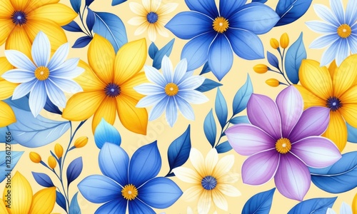 Wallpaper Mural Colorful floral pattern with blue, yellow, and purple blooms on a pastel background Torontodigital.ca