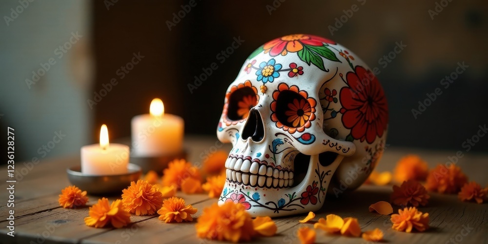 Ornate Skull Decorated with Vibrant Floral Patterns Rests Amongst Burning Candles and Marigold Blossoms on a Rustic Wooden Surface Ornate Skull Decorated with Vibrant Floral Patterns Rests Amongst Burning Candles and Marigold Blossoms on a Rustic Wooden Surface