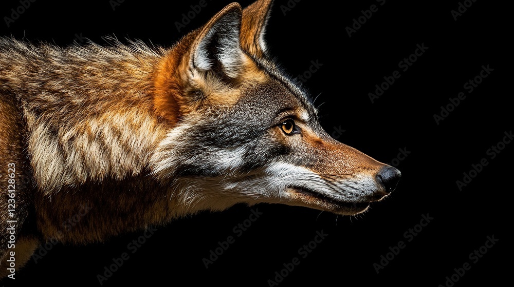 Fototapeta premium Red wolf profile, dark background, wildlife portrait, nature study