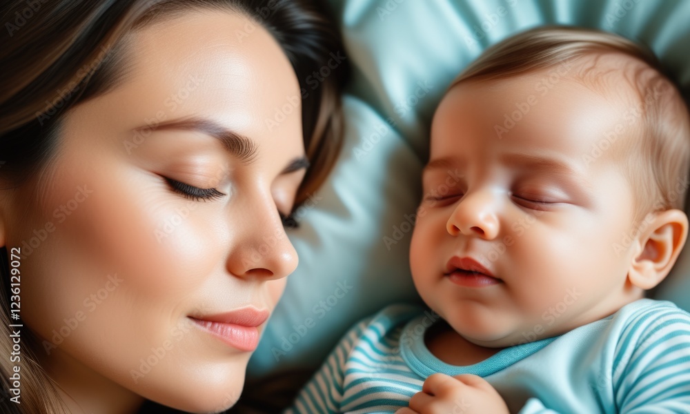 Peaceful mother and baby sleeping together in cozy environment Peaceful mother and baby sleeping together in cozy environment