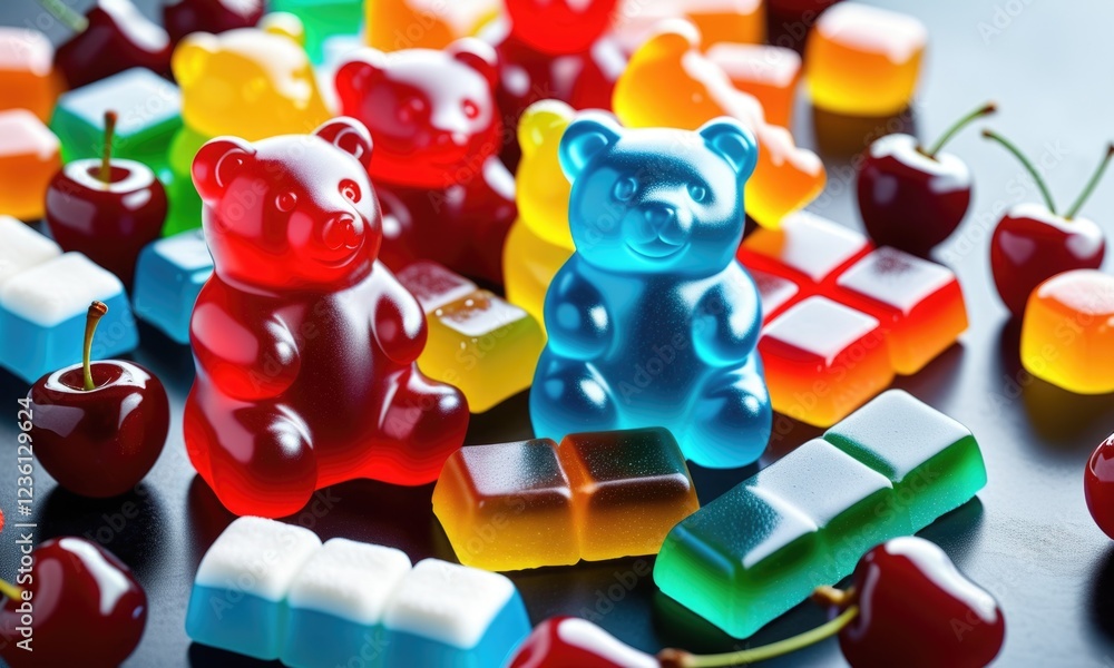 Colorful gummy bears and cherries on a dark background Colorful gummy bears and cherries on a dark background
