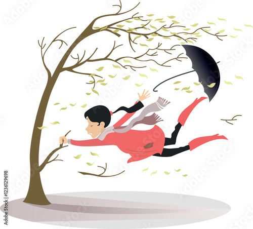 Bad weather. Hurricane. Frightened woman grabbing a tree branch.
Strong wind bends tree and tears off the leaves. Frightened young woman grabbing a tree and lost umbrella
