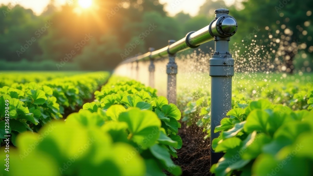 Golden Hour Irrigation Overhead Sprinkler System Waters Lush Green Crops in Vibrant Field Golden Hour Irrigation Overhead Sprinkler System Waters Lush Green Crops in Vibrant Field