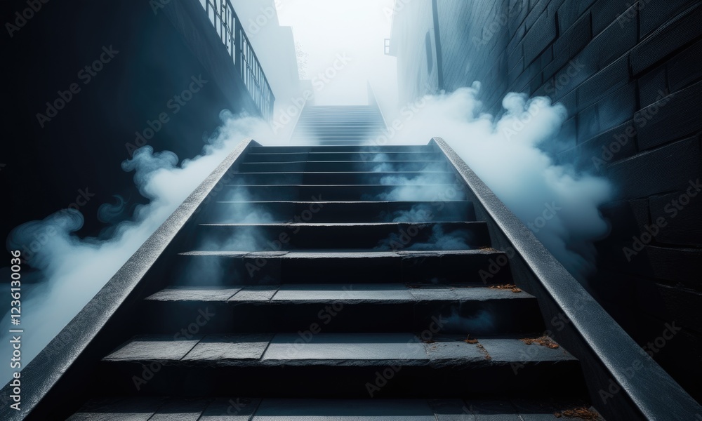 Mysterious staircase ascending through fog in urban landscape Mysterious staircase ascending through fog in urban landscape
