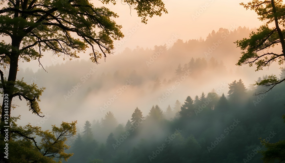 Obraz premium Misty Sunrise in the Mountains: A Breathtaking View Through the Trees