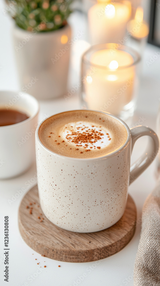 Cozy latte with cinnamon in white mug surrounded by candles and plants on a wooden coaster Cozy latte with cinnamon in white mug surrounded by candles and plants on a wooden coaster