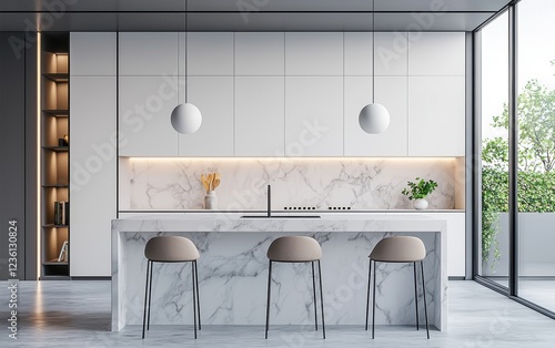 Modern kitchen with sleek white cabinetry, a marble island, and stylish pendant lighting, exuding elegance and functionality photo