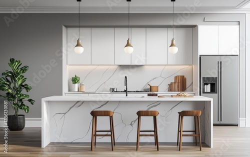 Modern kitchen with sleek white cabinetry, a marble island, and stylish pendant lighting, exuding elegance and functionality photo