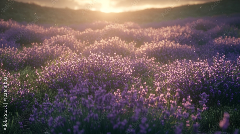 Obraz premium Serene Lavender Field at Sunset, Peaceful Summer Landscape