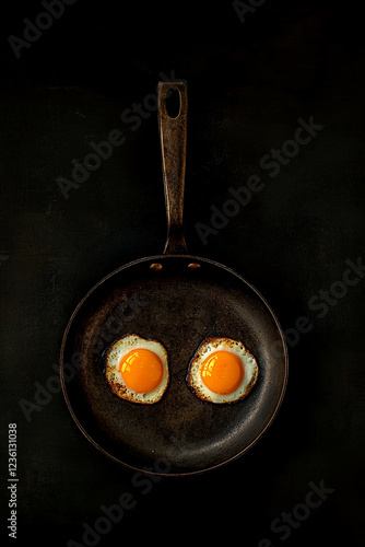 Two perfectly fried sunny side up eggs in a dark frying pan on a black background, highlighting the simplicity of a delicious homemade breakfast. photo