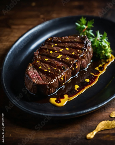 The steak is beautifully presented with fresh vegetables. photo