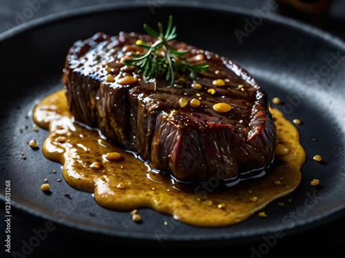 The steak is beautifully presented with fresh vegetables. photo