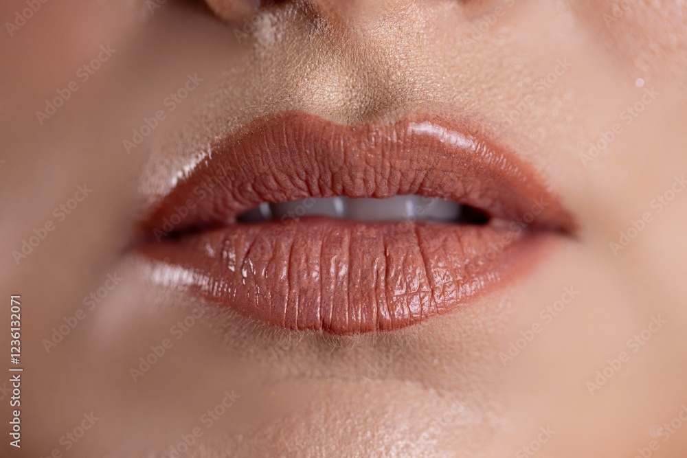 Obraz premium A closeup of glossy lips with nude color that enhances their natural beauty attractively