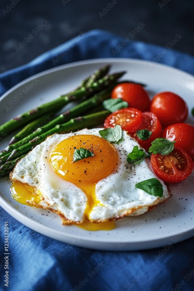 A delicious and healthy breakfast plate featuring a fried egg, asparagus, cherry tomato, basil leaves and seasoning. This dish is packed with nutrients and perfect for kickstarting the day. A delicious and healthy breakfast plate featuring a fried egg, asparagus, cherry tomato, basil leaves and seasoning. This dish is packed with nutrients and perfect for kickstarting the day.