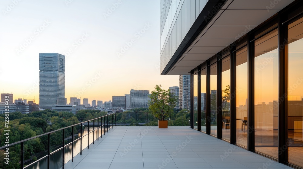 Fototapeta premium Rooftop Terrace overlooking city park at sunrise
